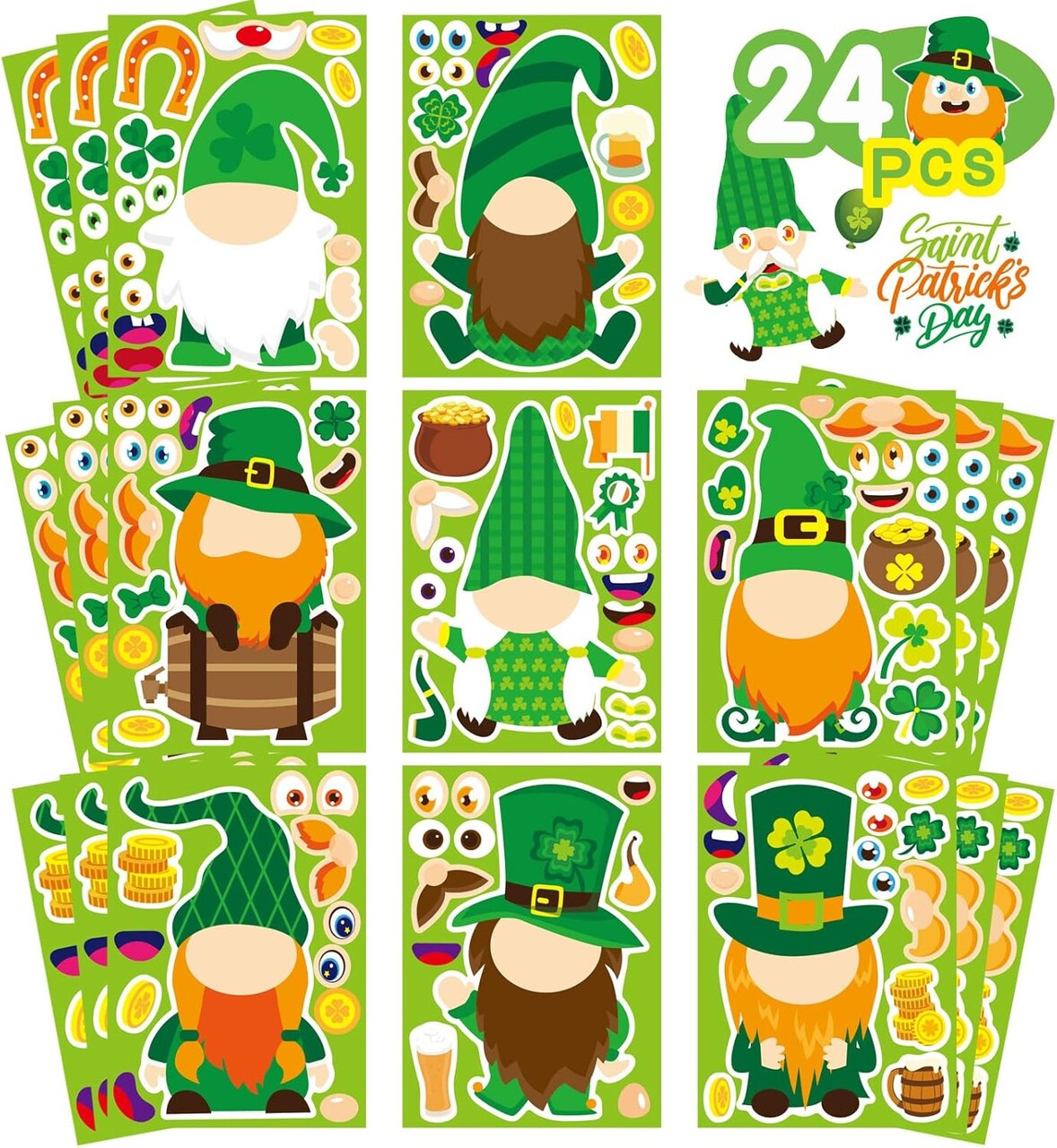 24 Sheets St Patrick's Day Stickers for Kids Make a face Sticker Make Your Own Lucky Shamrock